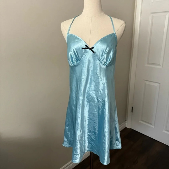 Lolita baby blue satin ribbon slip dress with black lace M coquette - Picture 3 of 6